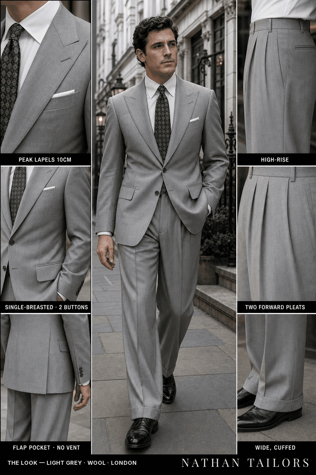 light grey single-breasted peak-lapel bespoke suit — AI-rendered by Nathan Tailors, the Hoi An custom tailor. Available as a custom tailored suit from $149.