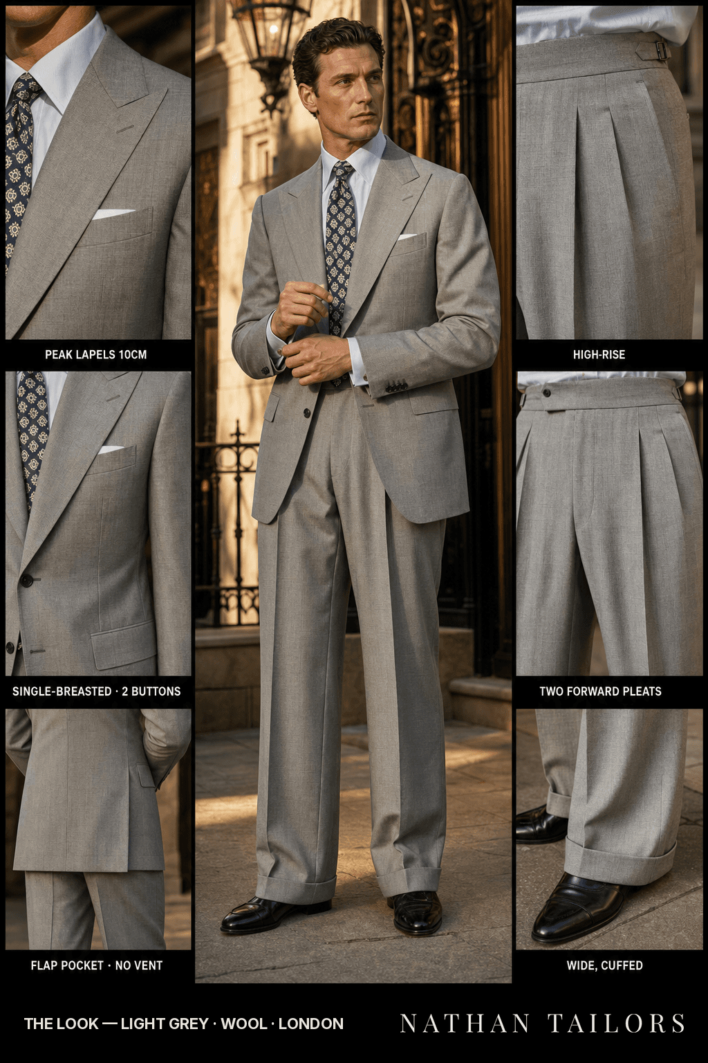 light grey single-breasted peak-lapel bespoke suit — AI-rendered by Nathan Tailors, the Hoi An custom tailor. Available as a custom tailored suit from $149.