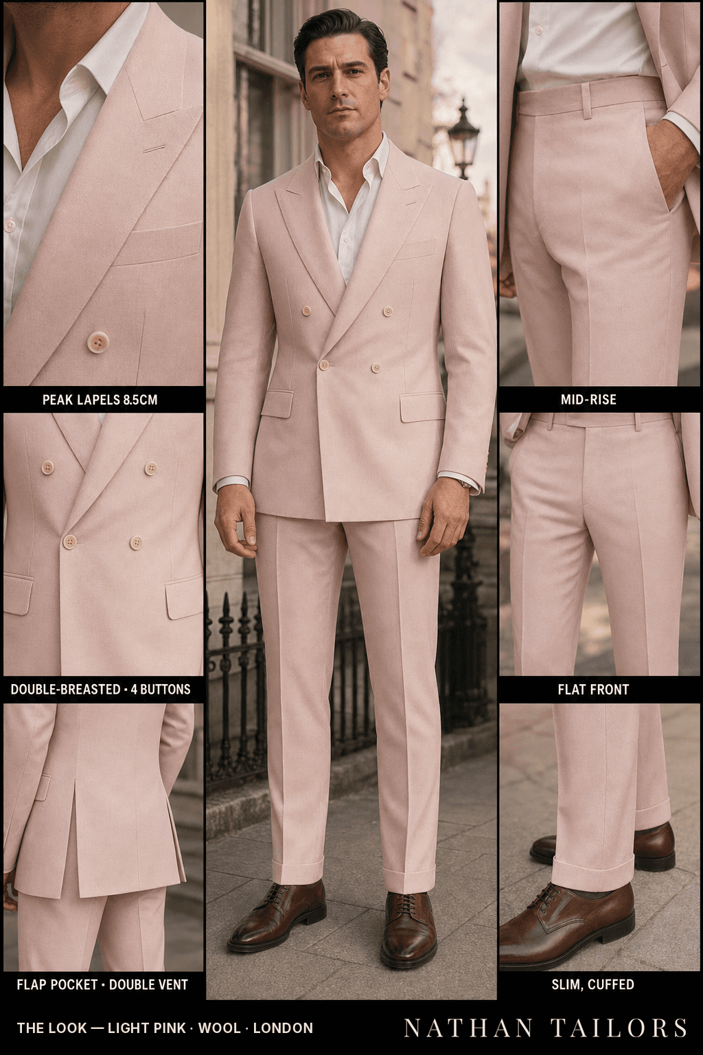 light pink double-breasted bespoke suit — custom tailored by Nathan Tailors, the Hoi An custom tailor
