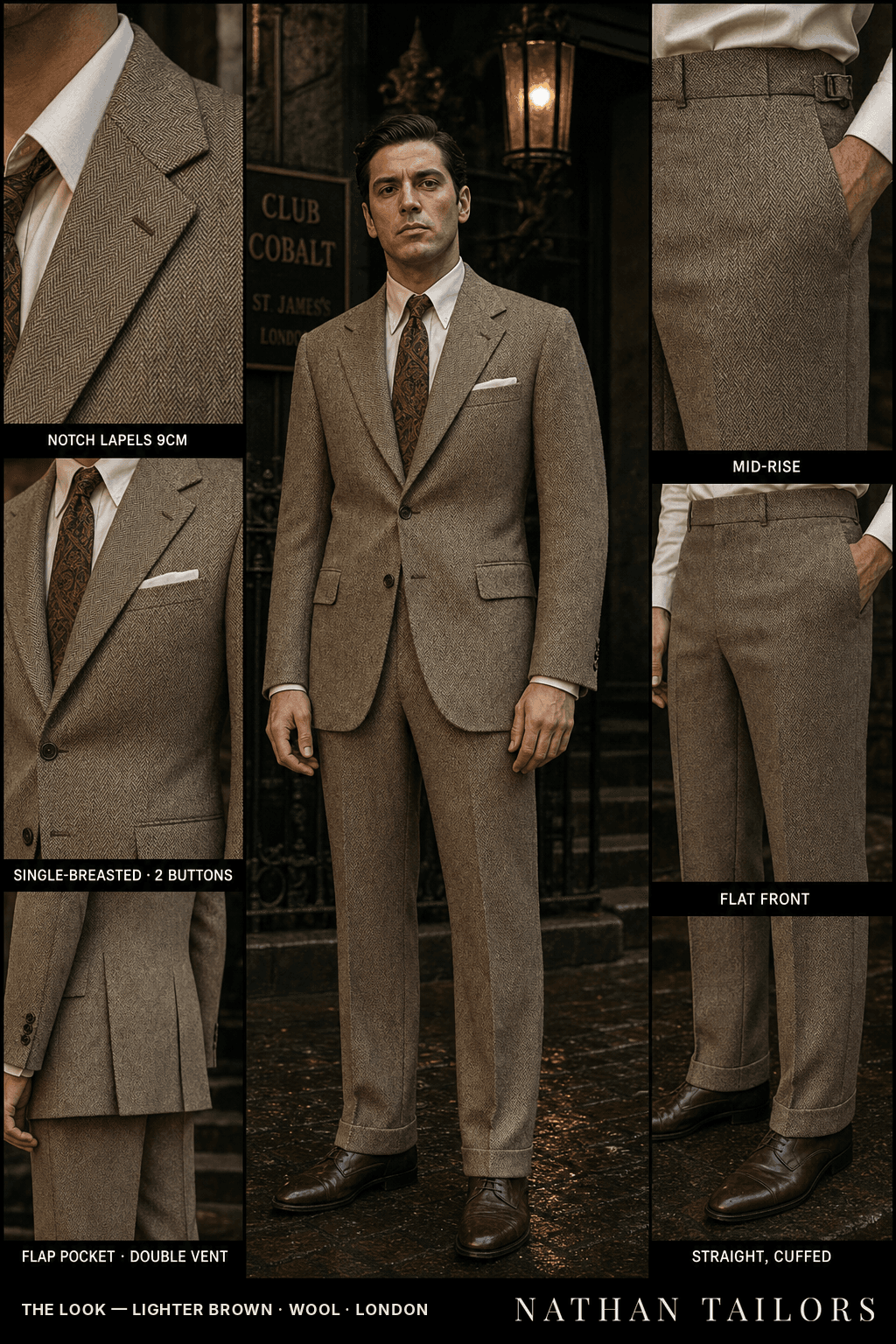lighter brown herringbone single-breasted bespoke suit — custom tailored by Nathan Tailors, the Hoi An custom tailor
