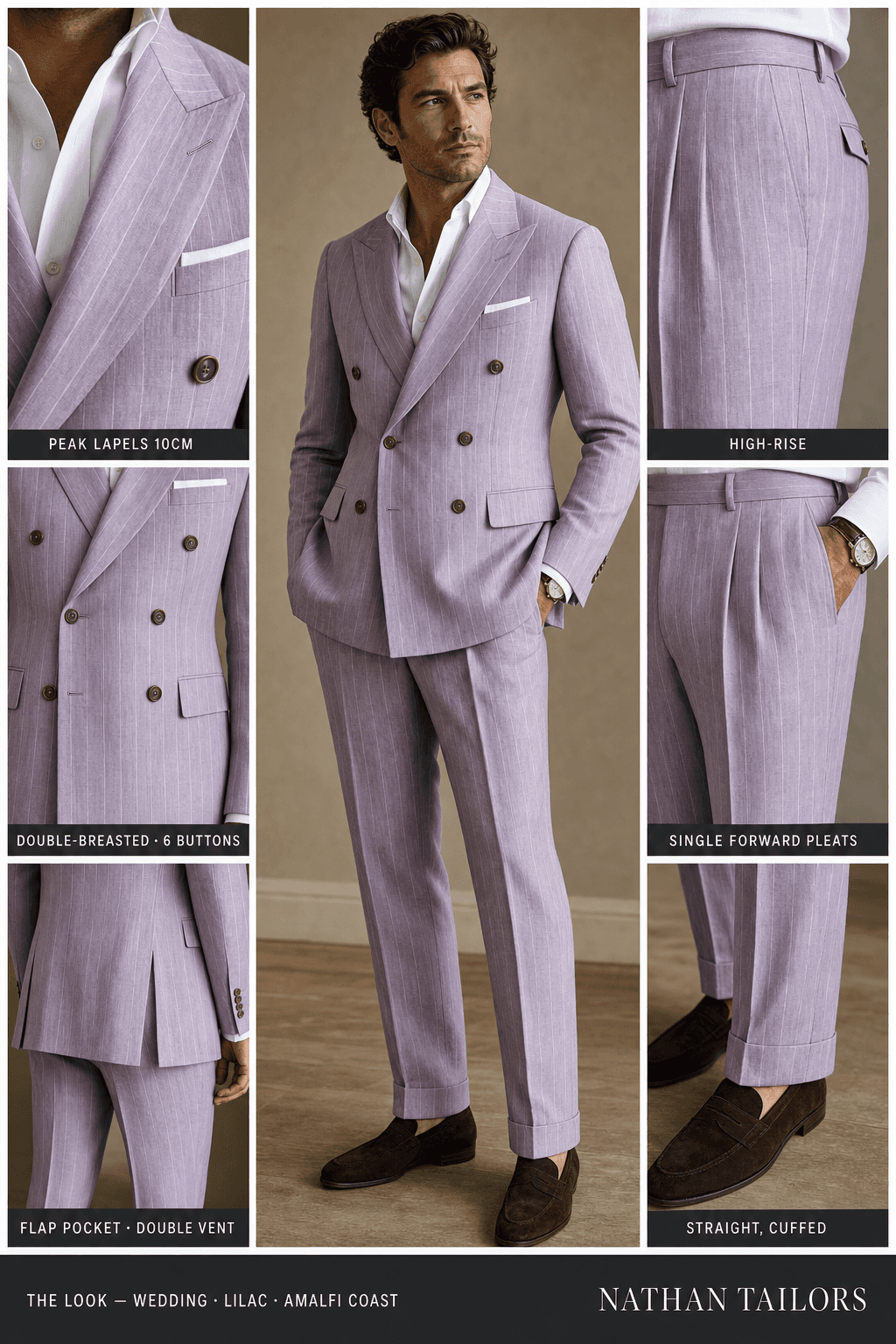lilac pinstripe double-breasted bespoke suit — custom tailored by Nathan Tailors, the Hoi An custom tailor