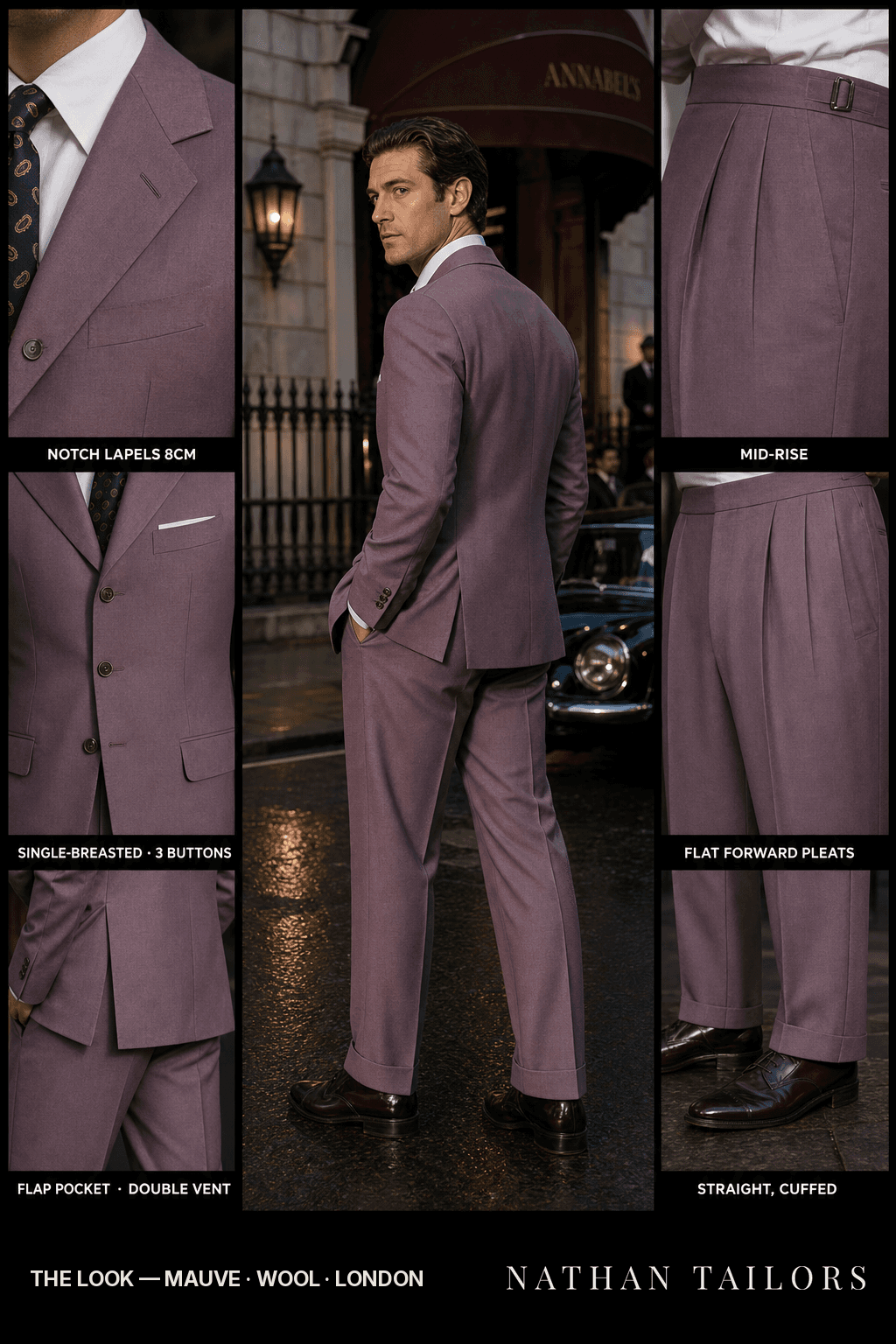 mauve single-breasted notch-lapel bespoke suit — AI-rendered by Nathan Tailors, the Hoi An custom tailor. Available as a custom tailored suit from $149.