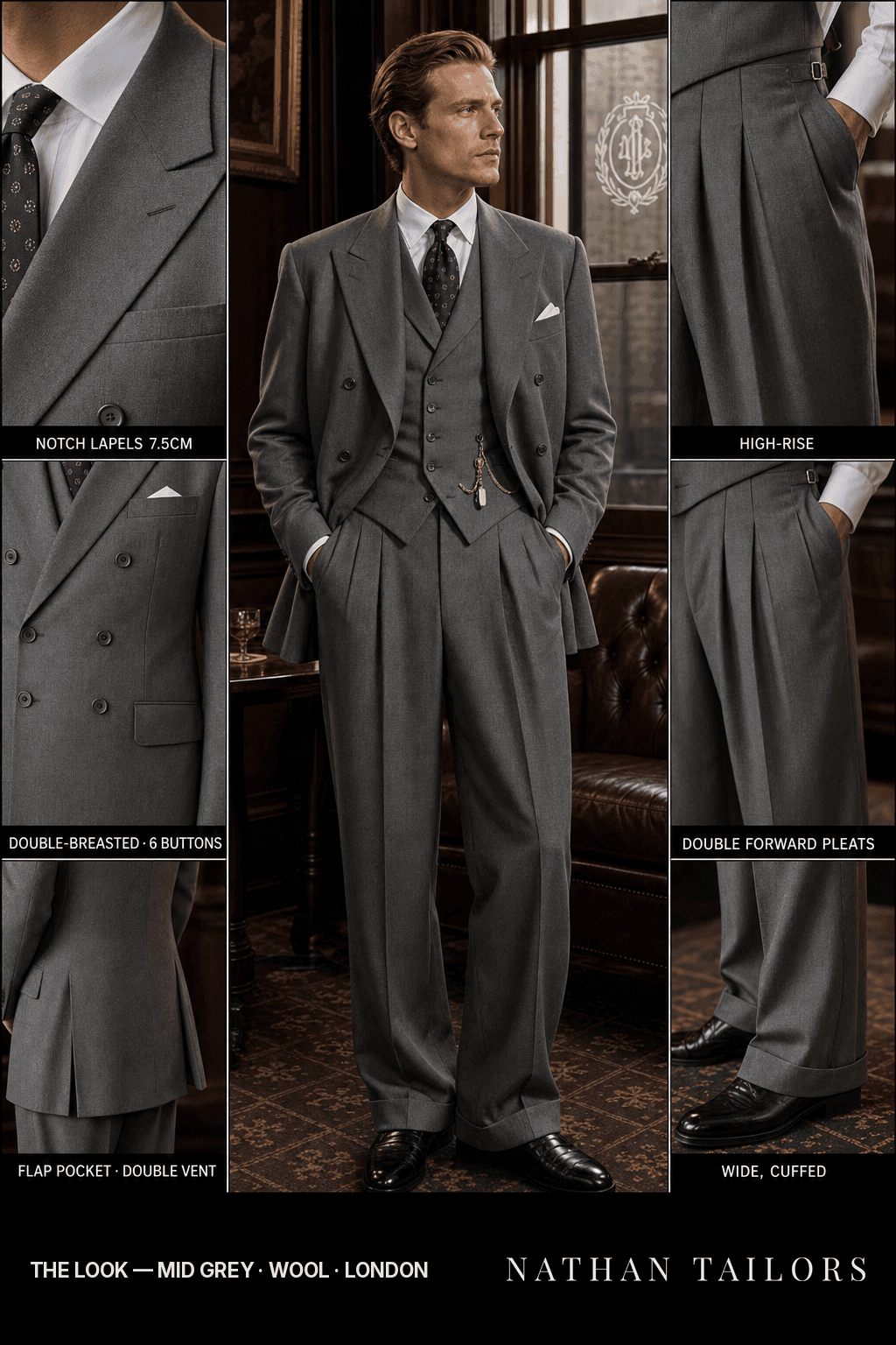 mid grey double-breasted bespoke suit — custom tailored by Nathan Tailors, the Hoi An custom tailor