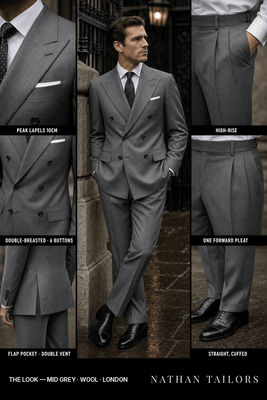 mid grey double-breasted bespoke suit — custom tailored by Nathan Tailors, the Hoi An custom tailor