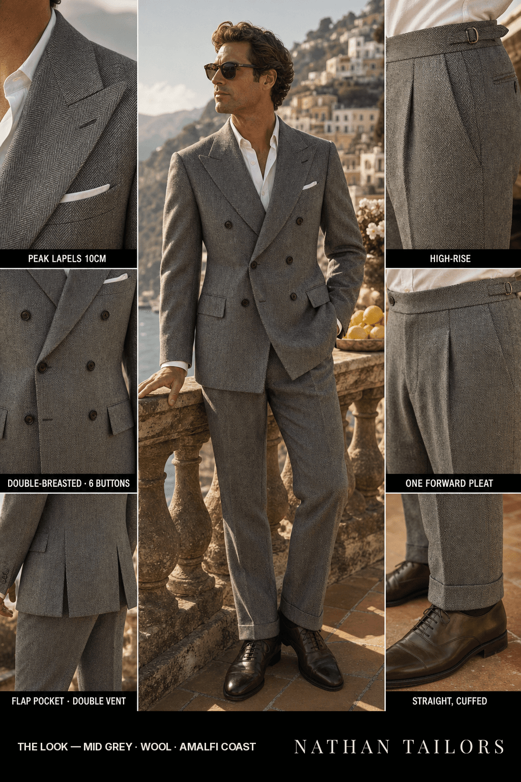 mid grey herringbone double-breasted peak-lapel bespoke suit — AI-rendered by Nathan Tailors, the Hoi An custom tailor. Available as a custom tailored suit from $149.