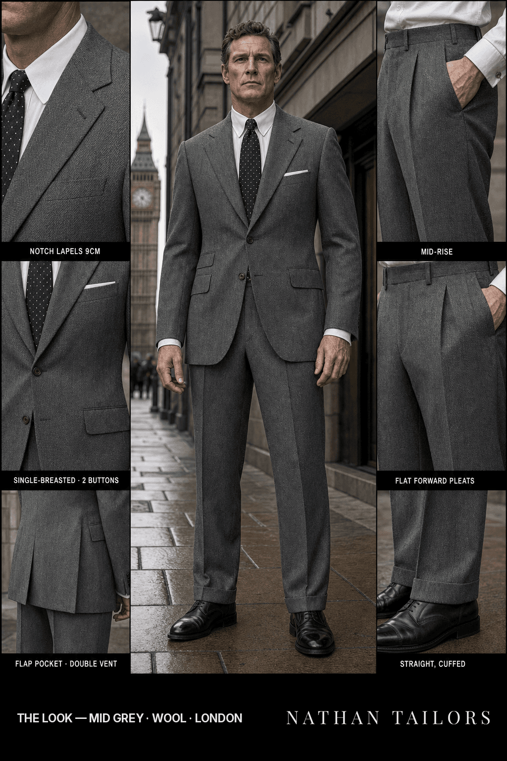 mid grey herringbone single-breasted bespoke suit — custom tailored by Nathan Tailors, the Hoi An custom tailor