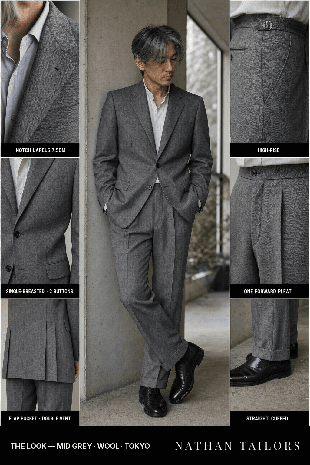 mid grey herringbone single-breasted bespoke suit — custom tailored by Nathan Tailors, the Hoi An custom tailor