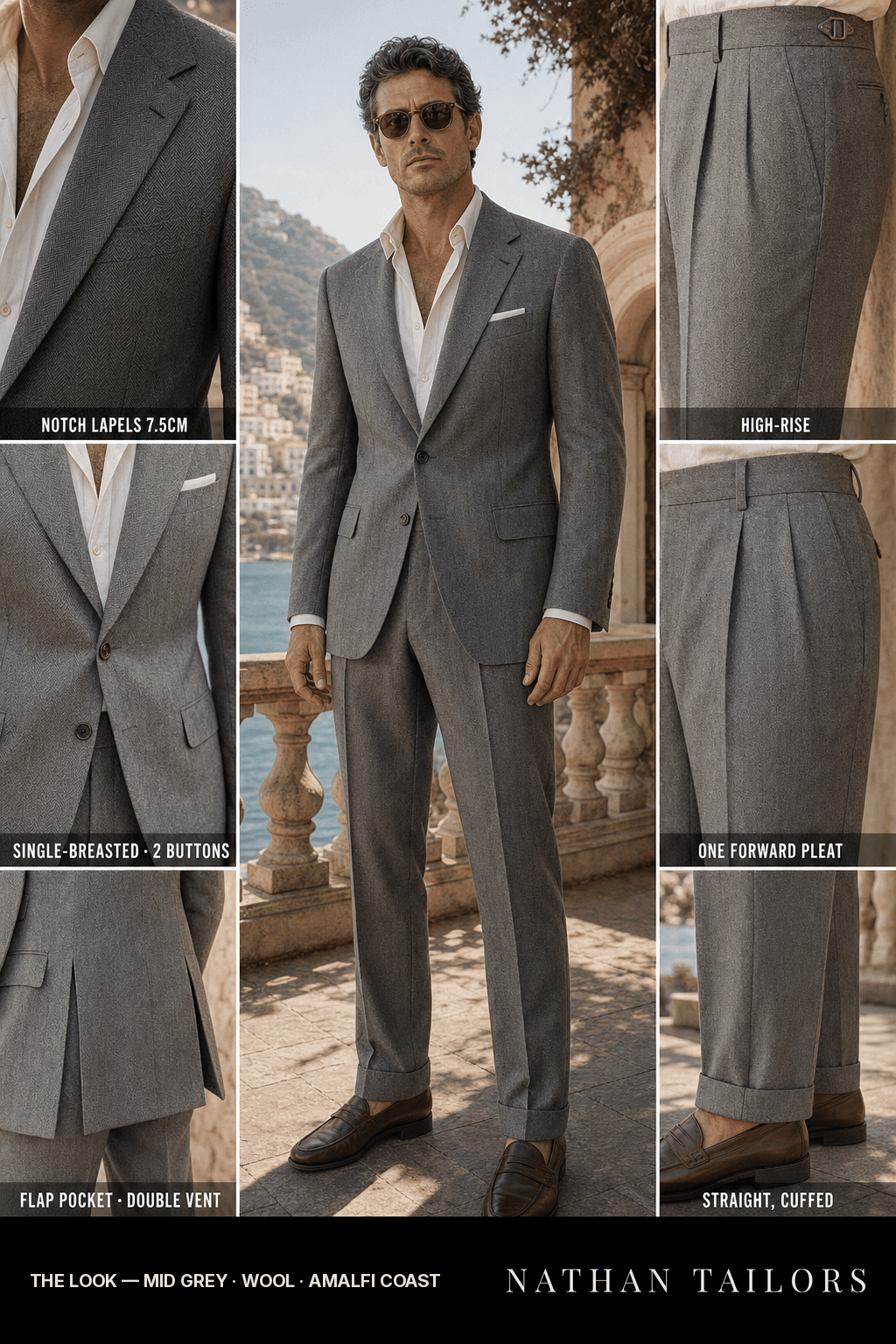 mid grey herringbone single-breasted notch-lapel bespoke suit — AI-rendered by Nathan Tailors, the Hoi An custom tailor. Available as a custom tailored suit from $149.