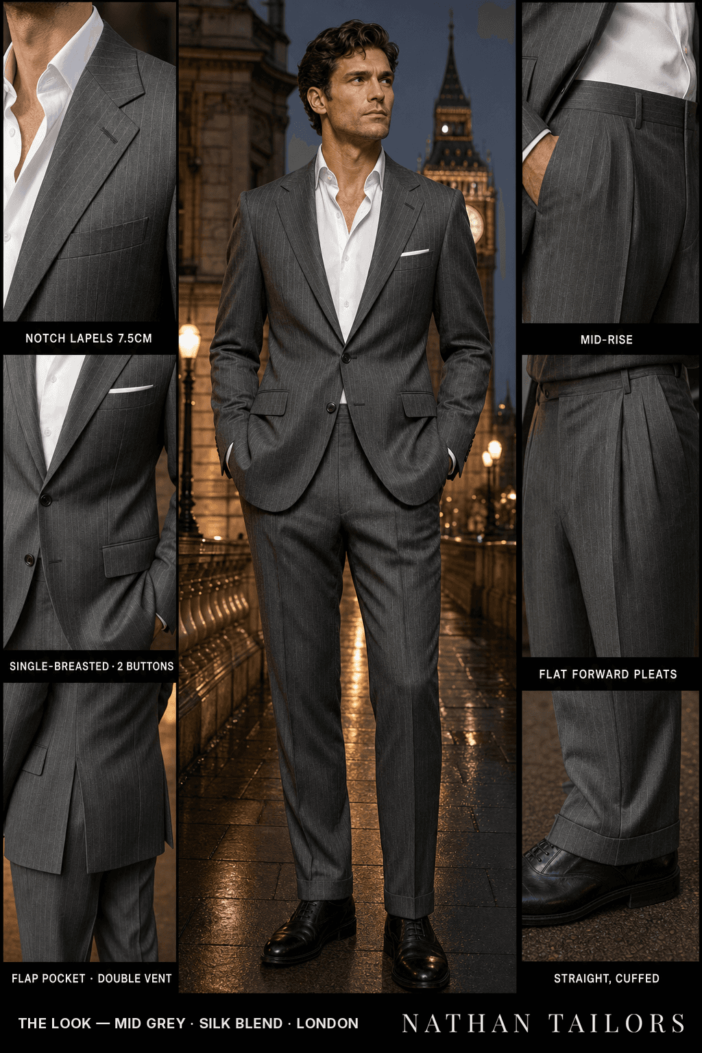 mid grey pinstripe single-breasted notch-lapel bespoke suit — AI-rendered by Nathan Tailors, the Hoi An custom tailor. Available as a custom tailored suit from $149.