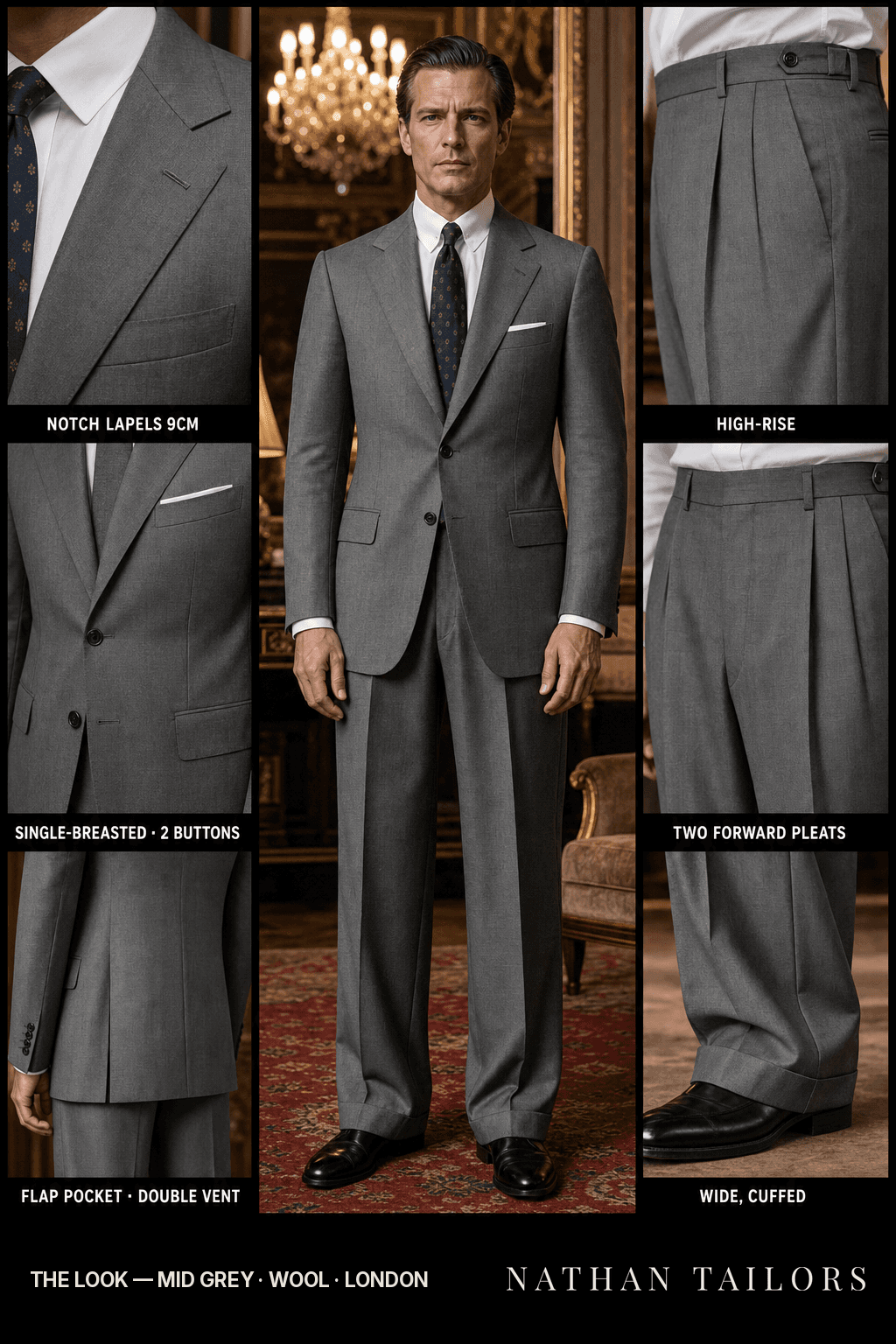 mid grey single-breasted notch-lapel bespoke suit — AI-rendered by Nathan Tailors, the Hoi An custom tailor. Available as a custom tailored suit from $149.