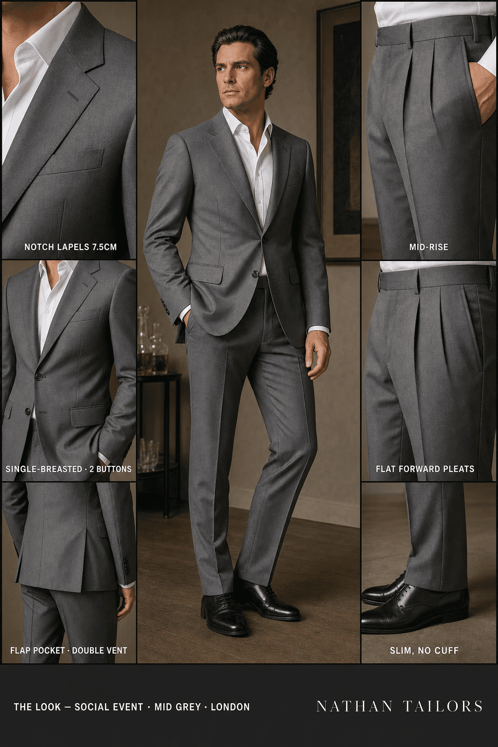 mid grey single-breasted notch-lapel bespoke suit — AI-rendered by Nathan Tailors, the Hoi An custom tailor. Available as a custom tailored suit from $129.