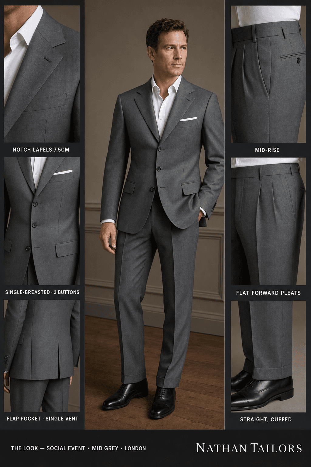 mid grey single-breasted notch-lapel bespoke suit — AI-rendered by Nathan Tailors, the Hoi An custom tailor. Available as a custom tailored suit from $129.