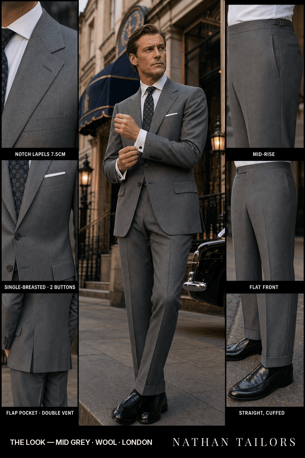 mid grey single-breasted bespoke suit — custom tailored by Nathan Tailors, the Hoi An custom tailor