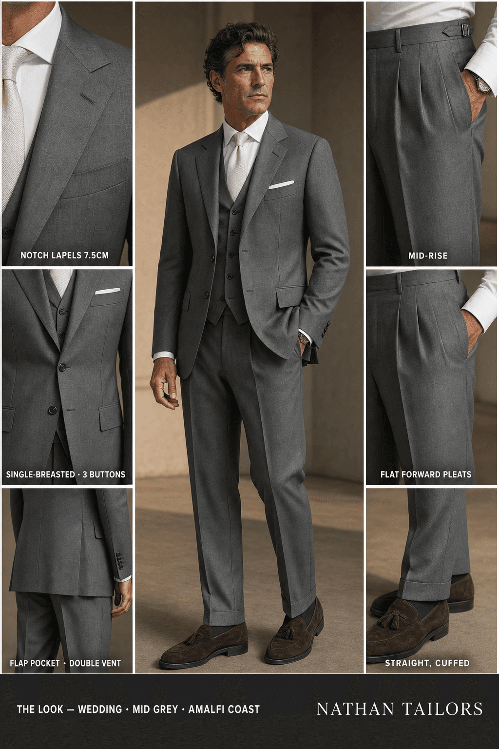 mid grey single-breasted notch-lapel bespoke suit — AI-rendered by Nathan Tailors, the Hoi An custom tailor. Available as a custom tailored suit from $129.