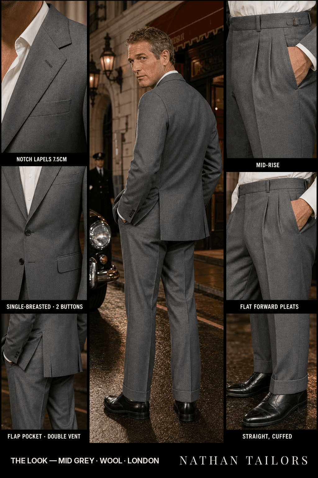 mid grey single-breasted bespoke suit — custom tailored by Nathan Tailors, the Hoi An custom tailor
