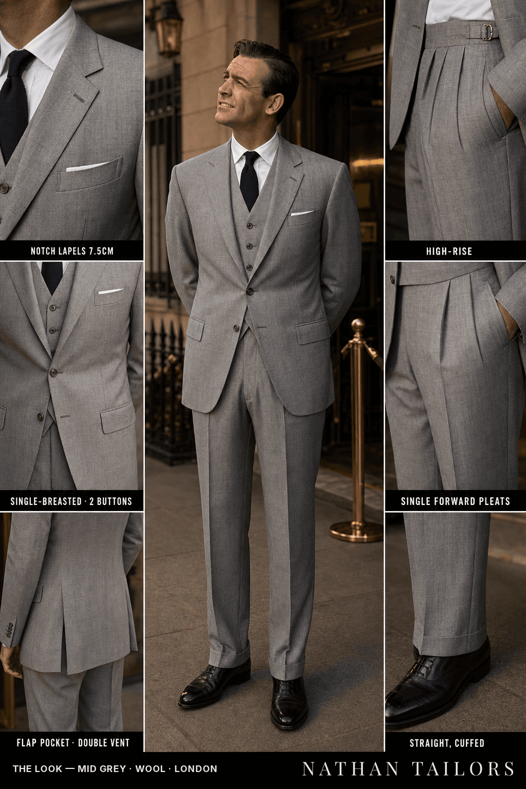 mid grey single-breasted bespoke suit — custom tailored by Nathan Tailors, the Hoi An custom tailor
