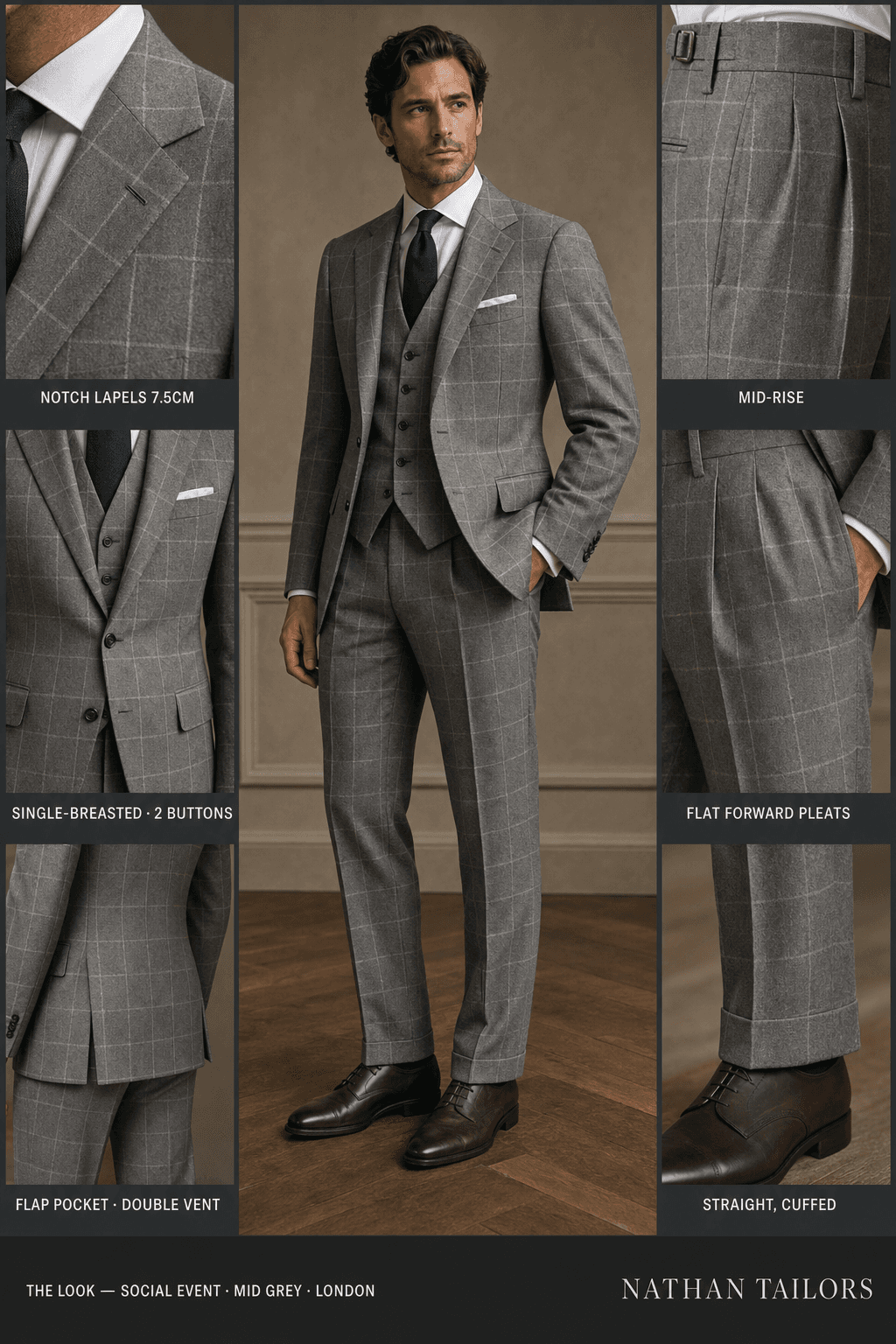 mid grey windowpane single-breasted bespoke suit — custom tailored by Nathan Tailors, the Hoi An custom tailor