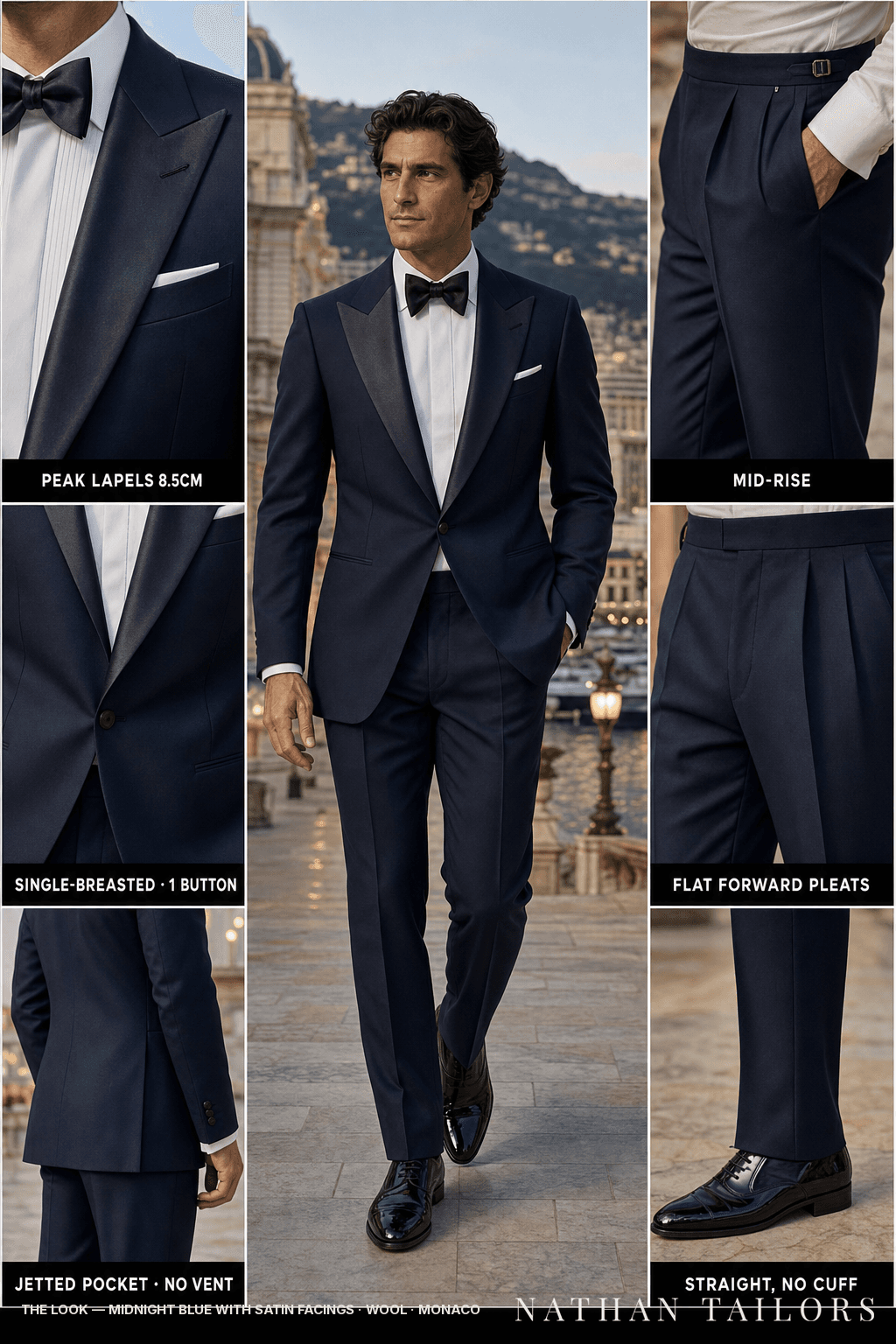 midnight blue with satin facings single-breasted peak-lapel bespoke suit — AI-rendered by Nathan Tailors, the Hoi An custom tailor. Available as a custom tailored suit from $149.