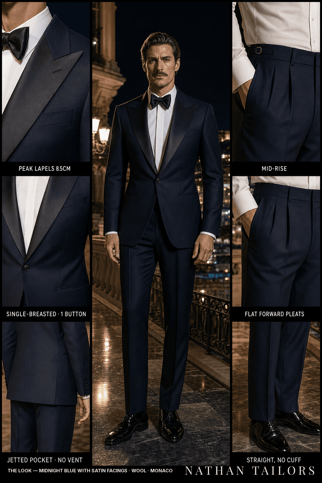 midnight blue with satin facings single-breasted peak-lapel bespoke suit — AI-rendered by Nathan Tailors, the Hoi An custom tailor. Available as a custom tailored suit from $149.