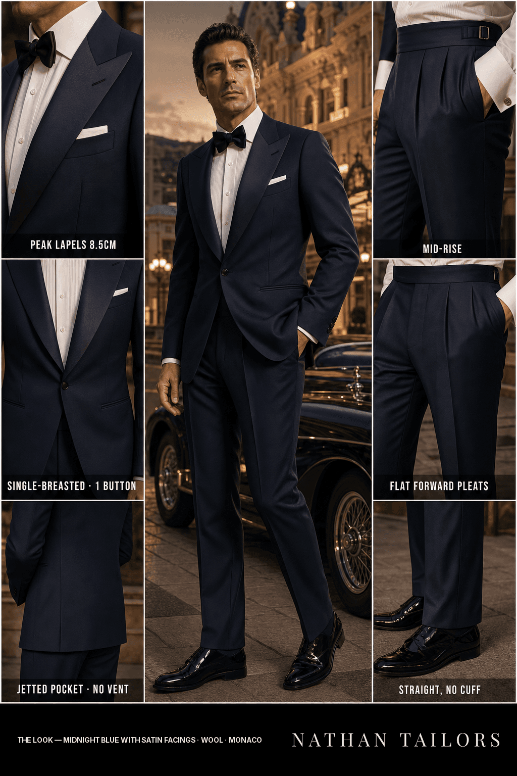 midnight blue with satin facings single-breasted peak-lapel bespoke suit — AI-rendered by Nathan Tailors, the Hoi An custom tailor. Available as a custom tailored suit from $149.