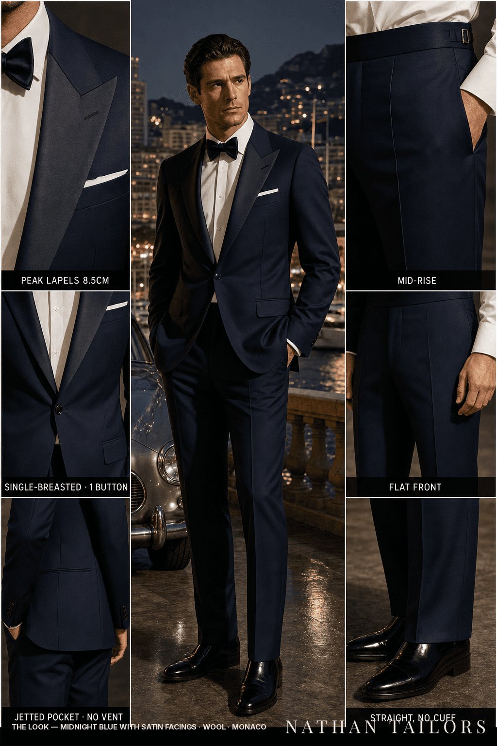 midnight blue with satin facings single-breasted peak-lapel bespoke suit — AI-rendered by Nathan Tailors, the Hoi An custom tailor. Available as a custom tailored suit from $149.
