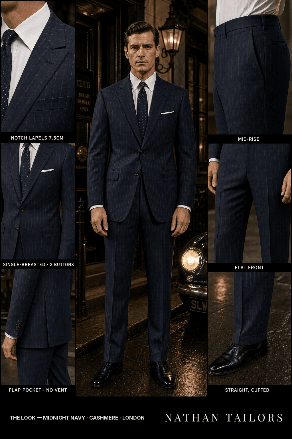 midnight navy chalk stripe single-breasted notch-lapel bespoke suit — AI-rendered by Nathan Tailors, the Hoi An custom tailor. Available as a custom tailored suit from $149.
