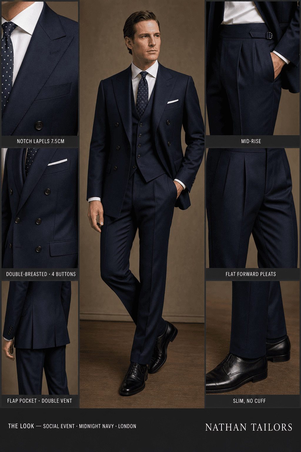 midnight navy double-breasted notch-lapel bespoke suit — AI-rendered by Nathan Tailors, the Hoi An custom tailor. Available as a custom tailored suit from $129.