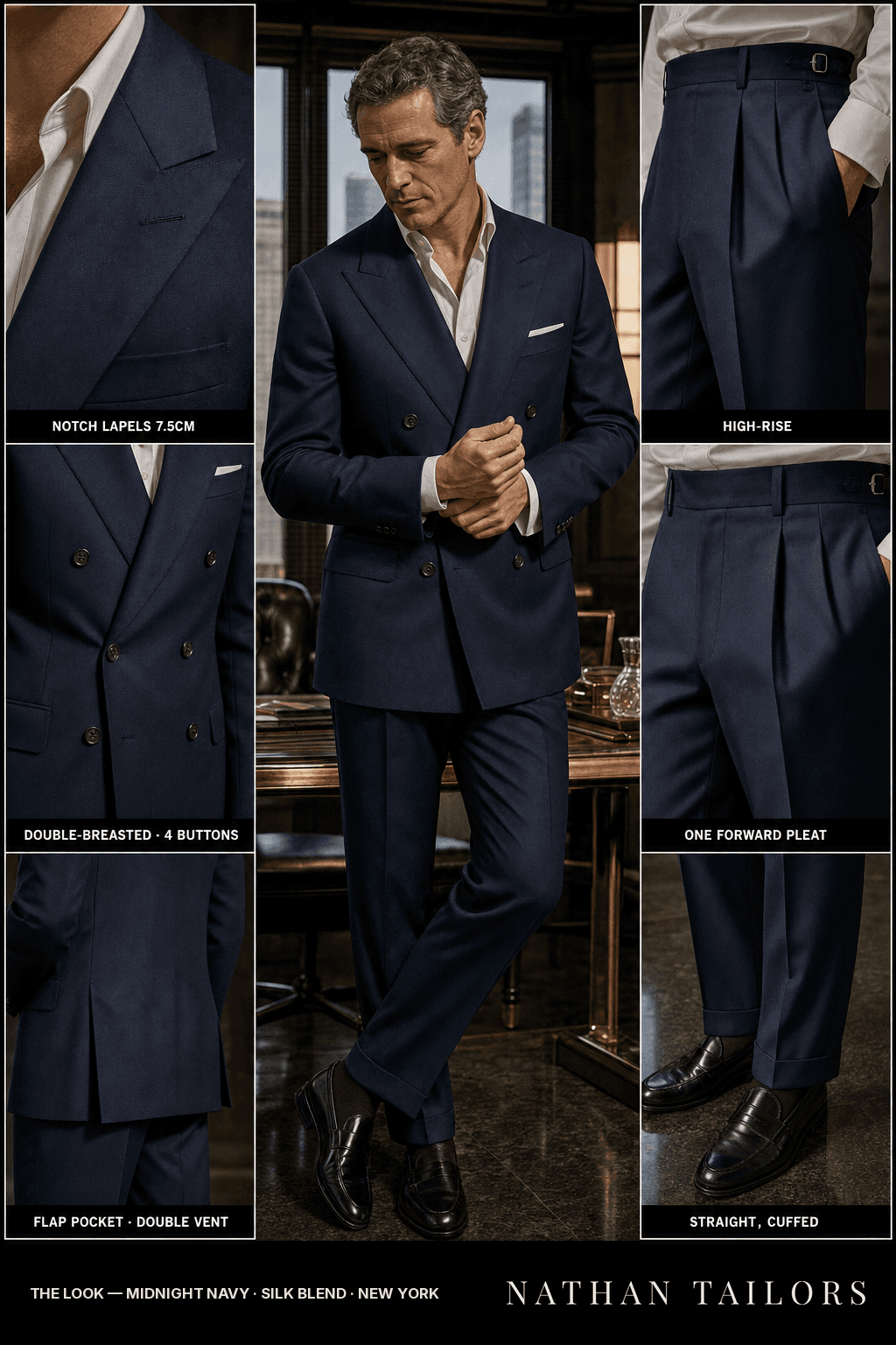 midnight navy double-breasted bespoke suit — custom tailored by Nathan Tailors, the Hoi An custom tailor
