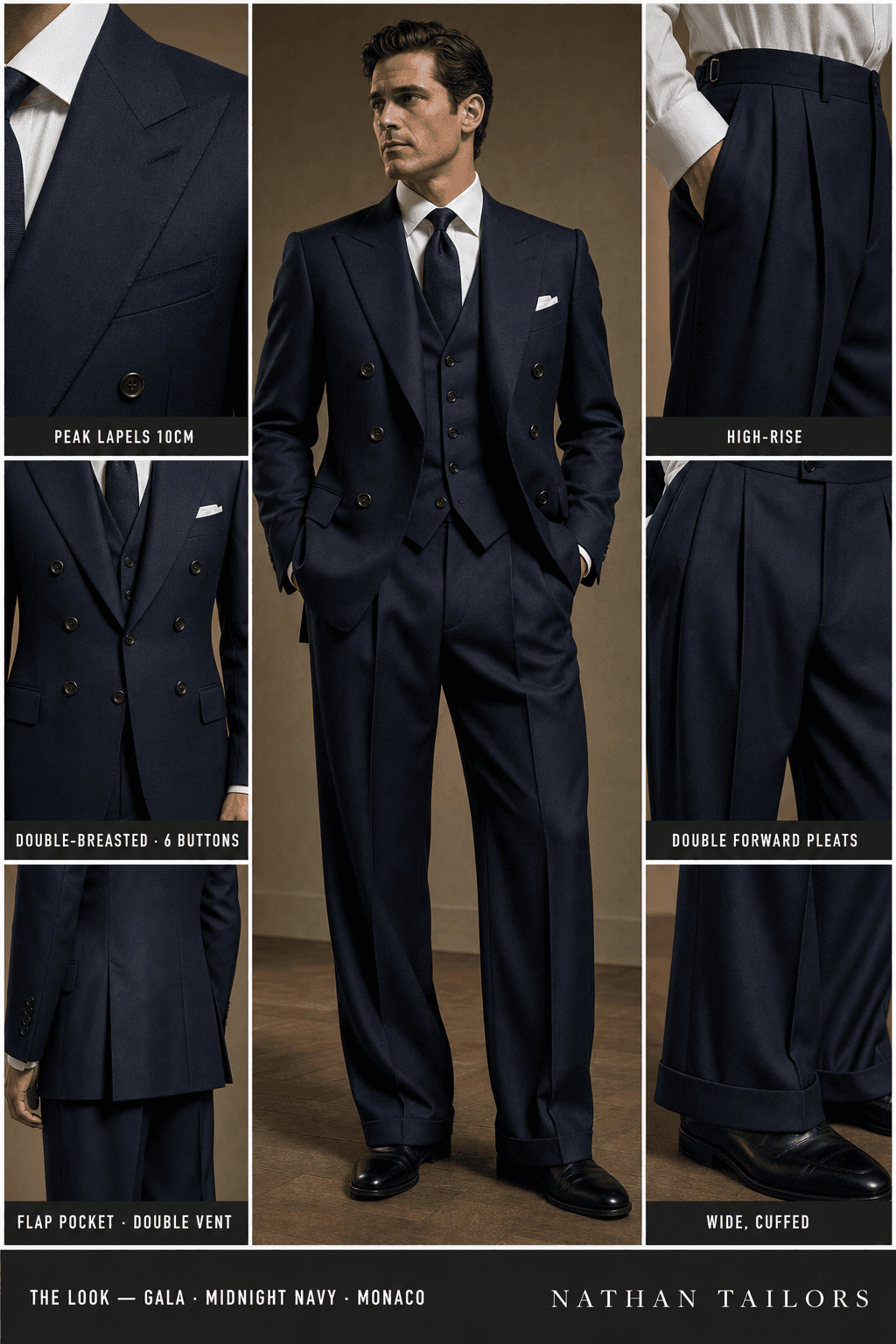 midnight navy double-breasted peak-lapel bespoke suit — AI-rendered by Nathan Tailors, the Hoi An custom tailor. Available as a custom tailored suit from $129.