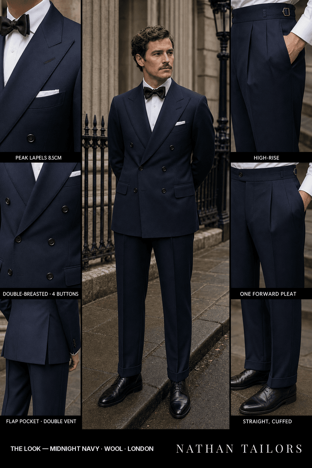 midnight navy double-breasted bespoke suit — custom tailored by Nathan Tailors, the Hoi An custom tailor