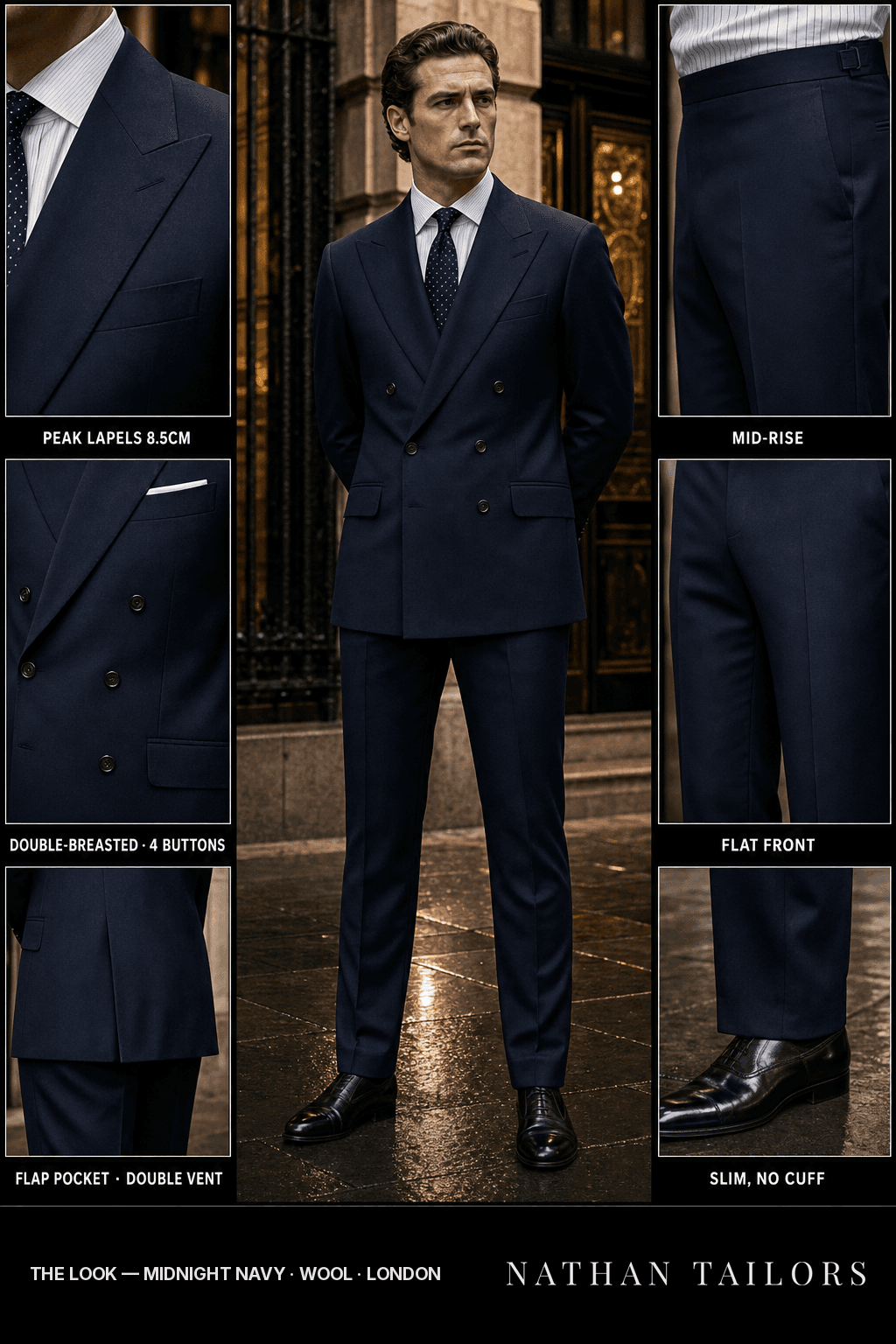 midnight navy double-breasted bespoke suit — custom tailored by Nathan Tailors, the Hoi An custom tailor