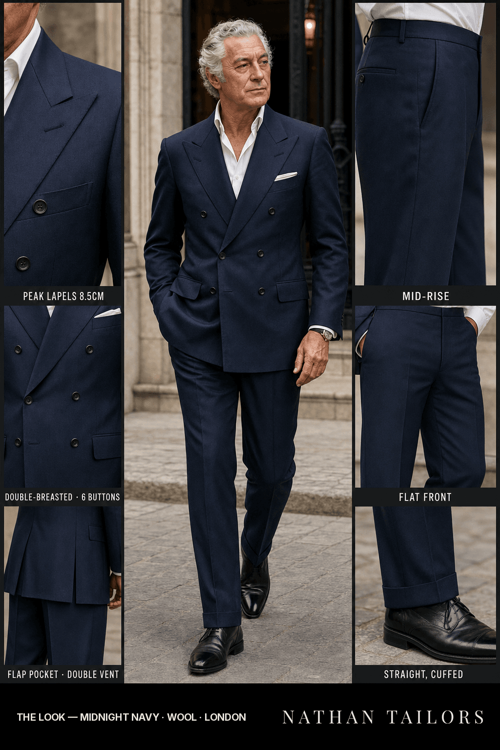 midnight navy double-breasted suit — Nathan Tailors Hoi An tailor Atelier render