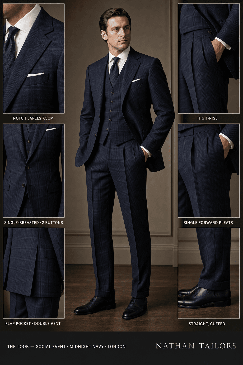 midnight navy glen plaid single-breasted notch-lapel bespoke suit — AI-rendered by Nathan Tailors, the Hoi An custom tailor. Available as a custom tailored suit from $129.