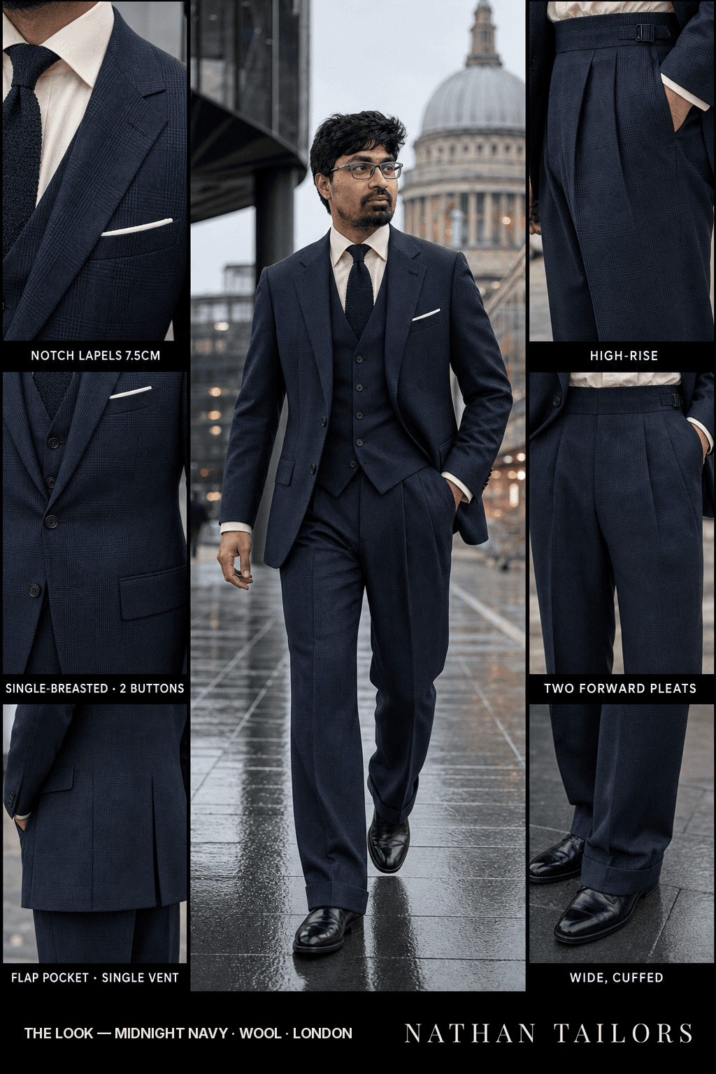 midnight navy glen plaid single-breasted notch-lapel bespoke suit — AI-rendered by Nathan Tailors, the Hoi An custom tailor. Available as a custom tailored suit from $149.