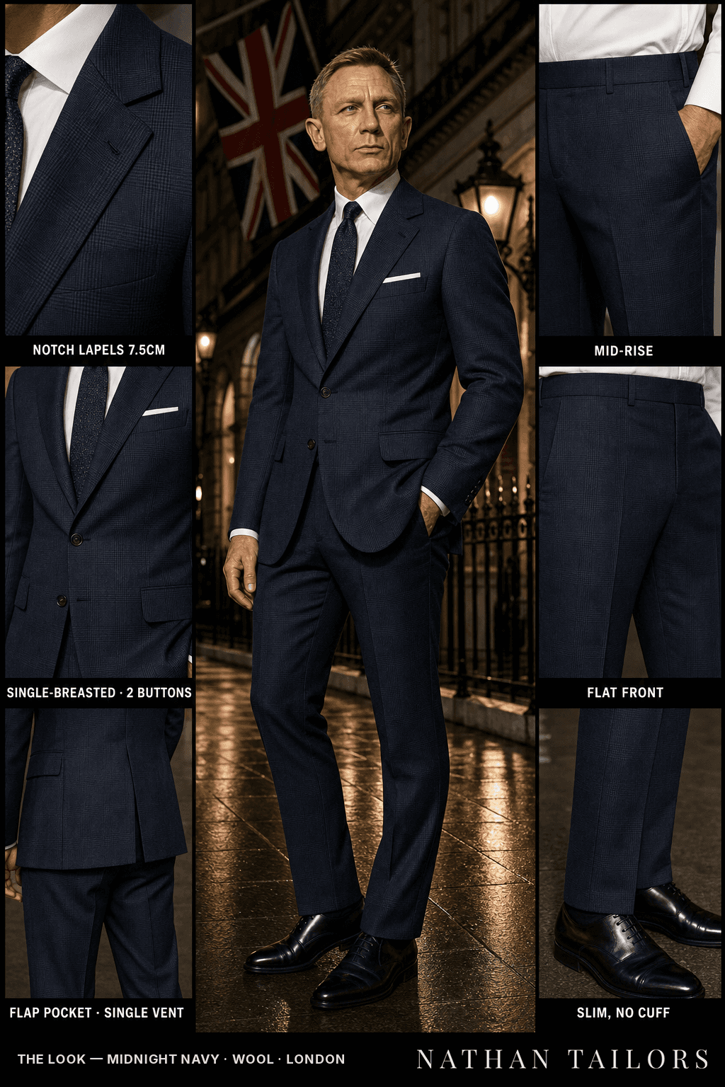 midnight navy glen plaid single-breasted notch-lapel bespoke suit — AI-rendered by Nathan Tailors, the Hoi An custom tailor. Available as a custom tailored suit from $149.