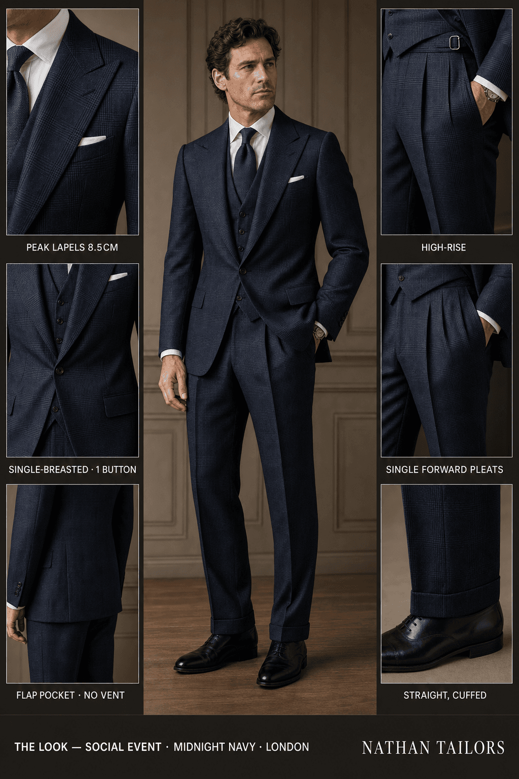 midnight navy glen plaid single-breasted peak-lapel bespoke suit — AI-rendered by Nathan Tailors, the Hoi An custom tailor. Available as a custom tailored suit from $129.