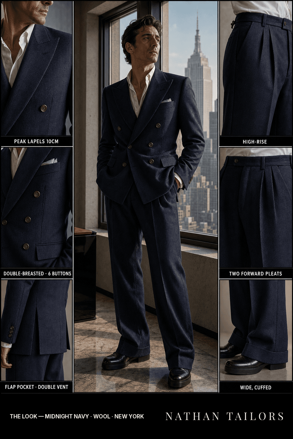 midnight navy herringbone double-breasted bespoke suit — custom tailored by Nathan Tailors, the Hoi An custom tailor