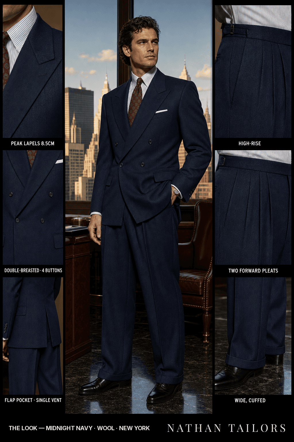 midnight navy herringbone double-breasted bespoke suit — custom tailored by Nathan Tailors, the Hoi An custom tailor
