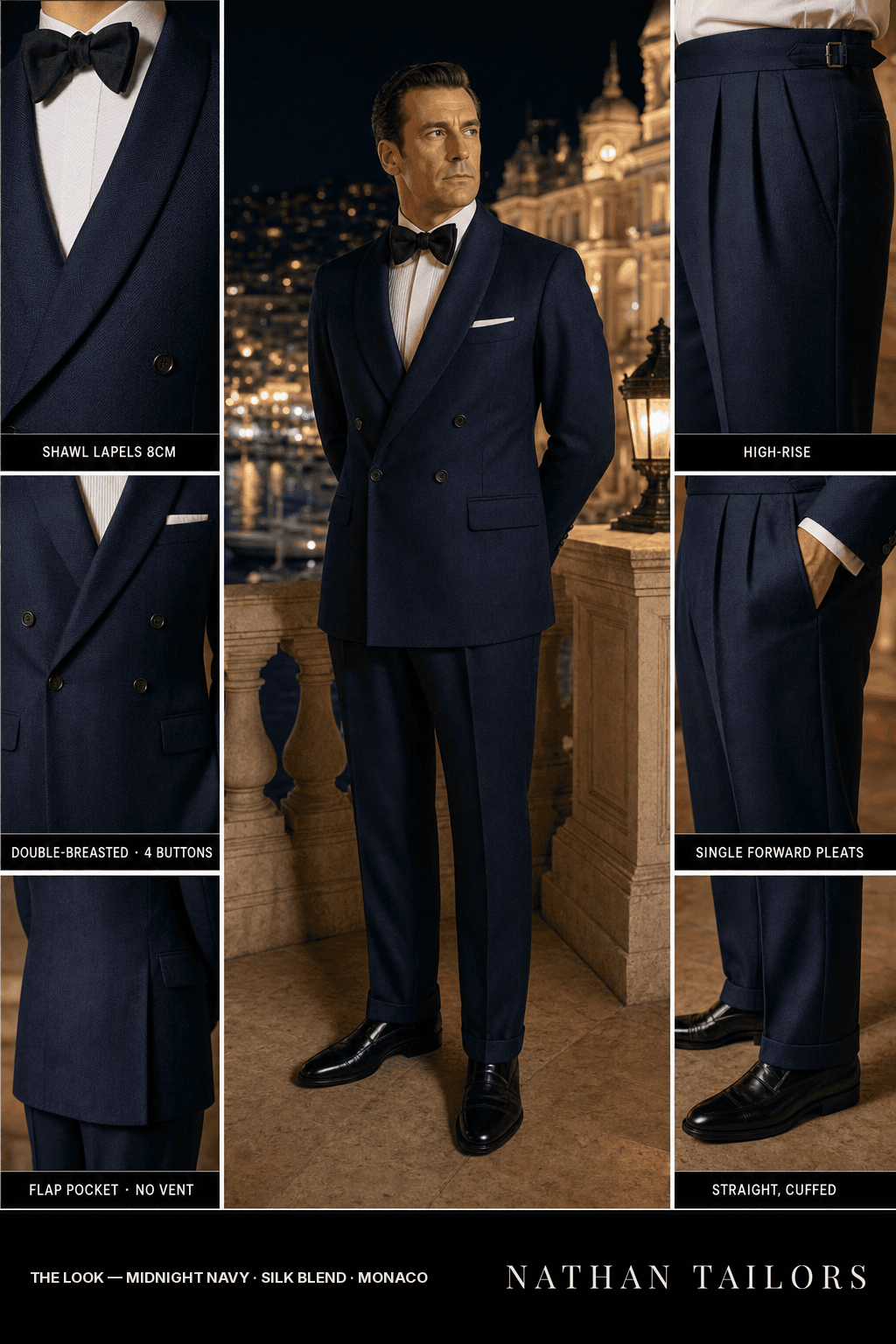 midnight navy herringbone double-breasted bespoke suit — custom tailored by Nathan Tailors, the Hoi An custom tailor