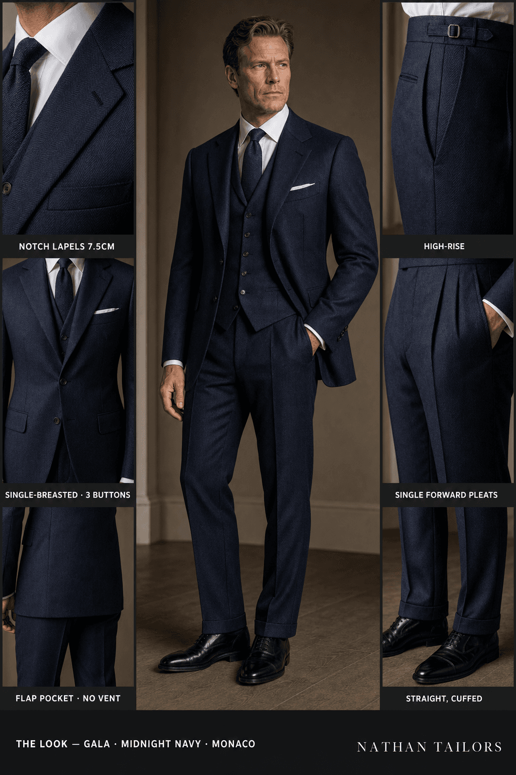 midnight navy herringbone single-breasted bespoke suit — custom tailored by Nathan Tailors, the Hoi An custom tailor