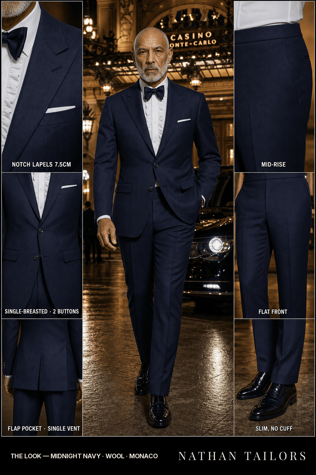 midnight navy herringbone single-breasted bespoke suit — custom tailored by Nathan Tailors, the Hoi An custom tailor