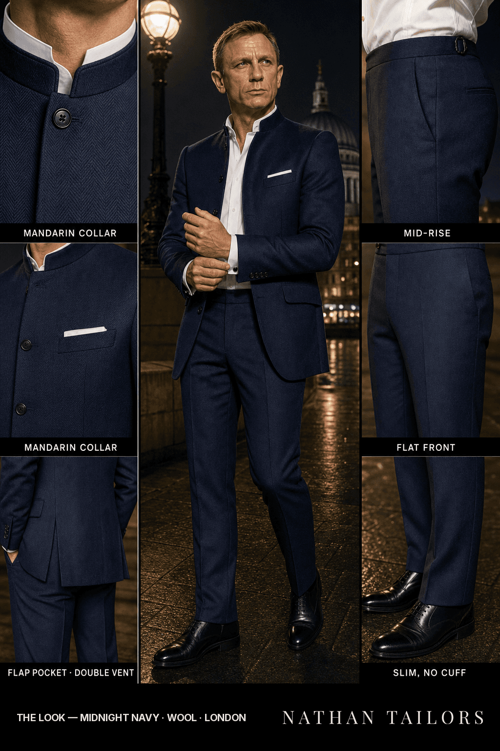 midnight navy herringbone single-breasted bespoke suit — custom tailored by Nathan Tailors, the Hoi An custom tailor