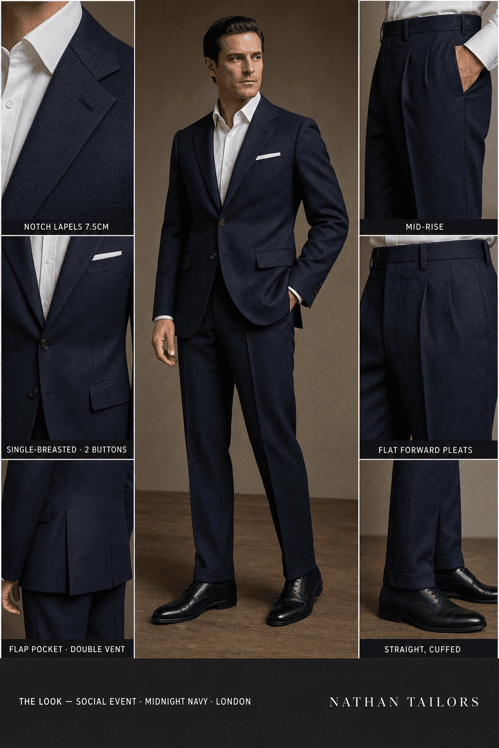 midnight navy herringbone single-breasted bespoke suit — custom tailored by Nathan Tailors, the Hoi An custom tailor