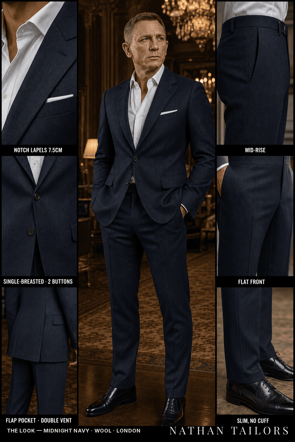 midnight navy herringbone single-breasted bespoke suit — custom tailored by Nathan Tailors, the Hoi An custom tailor