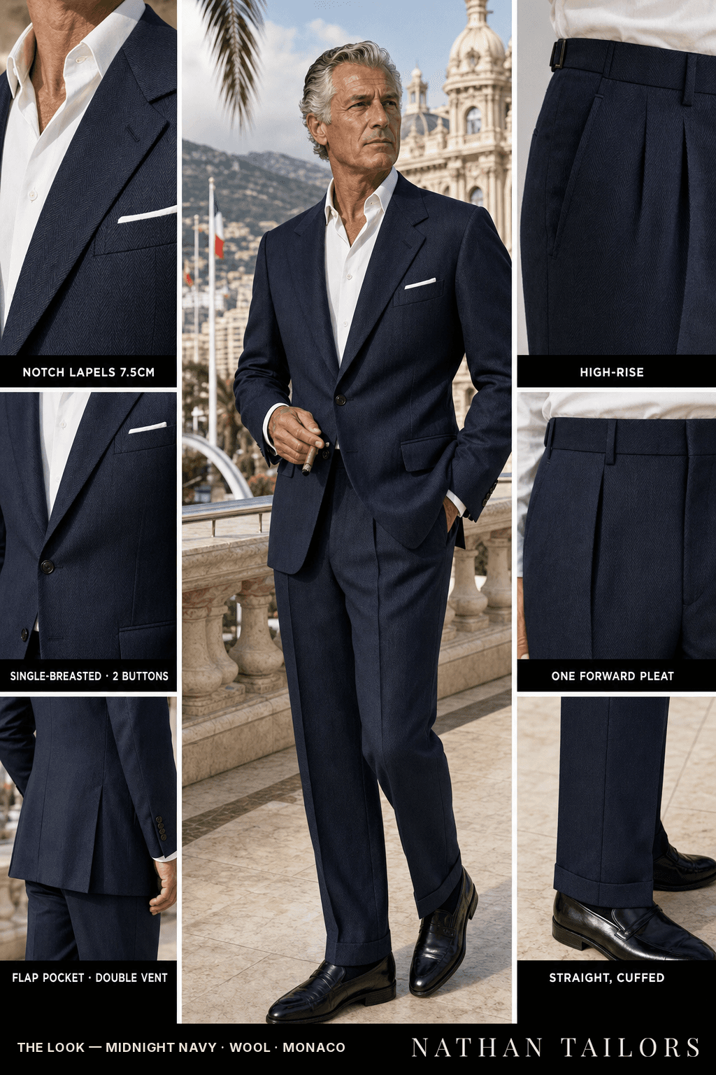 midnight navy herringbone single-breasted bespoke suit — custom tailored by Nathan Tailors, the Hoi An custom tailor