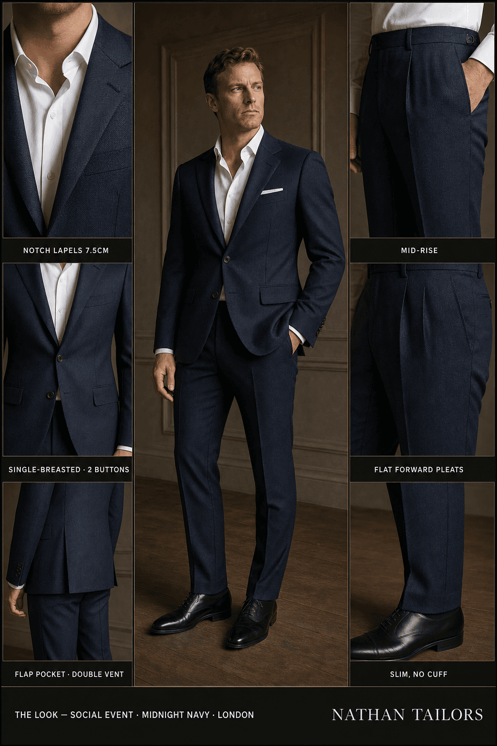 midnight navy herringbone single-breasted notch-lapel bespoke suit — AI-rendered by Nathan Tailors, the Hoi An custom tailor. Available as a custom tailored suit from $129.