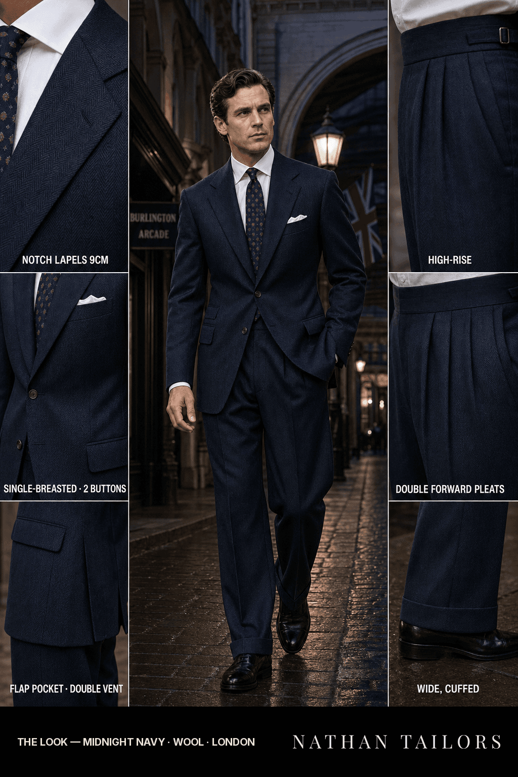 midnight navy herringbone single-breasted bespoke suit — custom tailored by Nathan Tailors, the Hoi An custom tailor