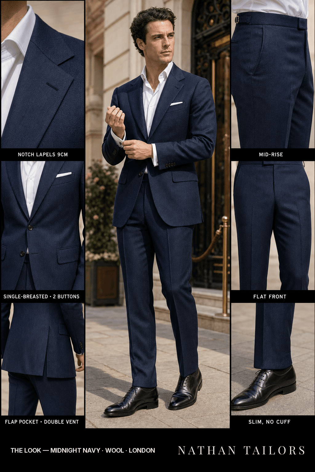 midnight navy herringbone single-breasted notch-lapel bespoke suit — AI-rendered by Nathan Tailors, the Hoi An custom tailor. Available as a custom tailored suit from $149.