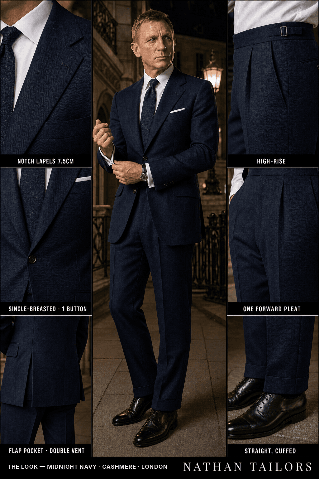 midnight navy herringbone single-breasted bespoke suit — custom tailored by Nathan Tailors, the Hoi An custom tailor