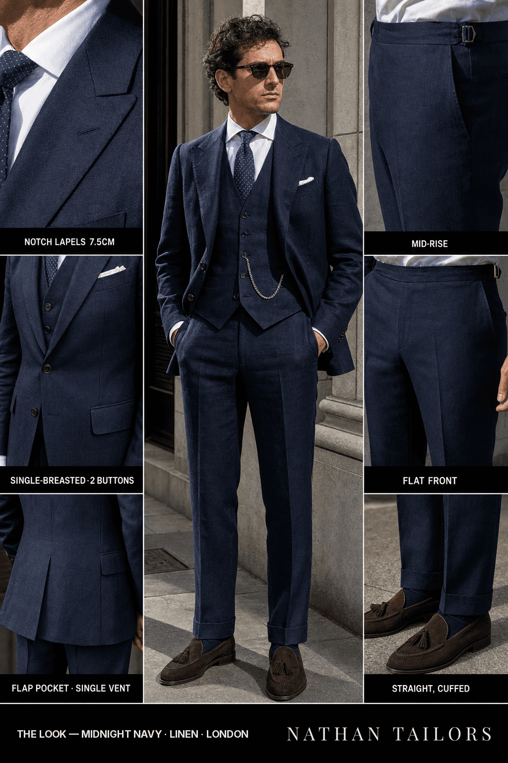 midnight navy herringbone single-breasted bespoke suit — custom tailored by Nathan Tailors, the Hoi An custom tailor